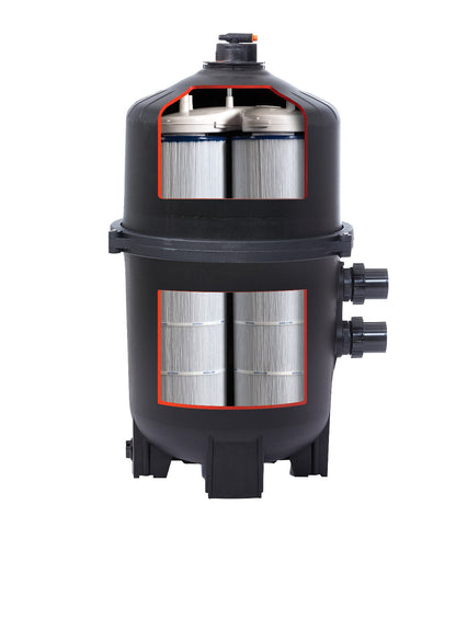 Internal view of Hayward SwimClear W3C3030 showing the Quad-Cluster cartridge assembly and four high-capacity filter elements.