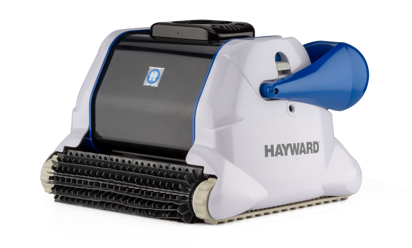 Alternate left-angle view of the Hayward TigerShark QC (W3RC9990CUB) robotic cleaner highlighting the rugged drive tracks and scrubbing brushes.