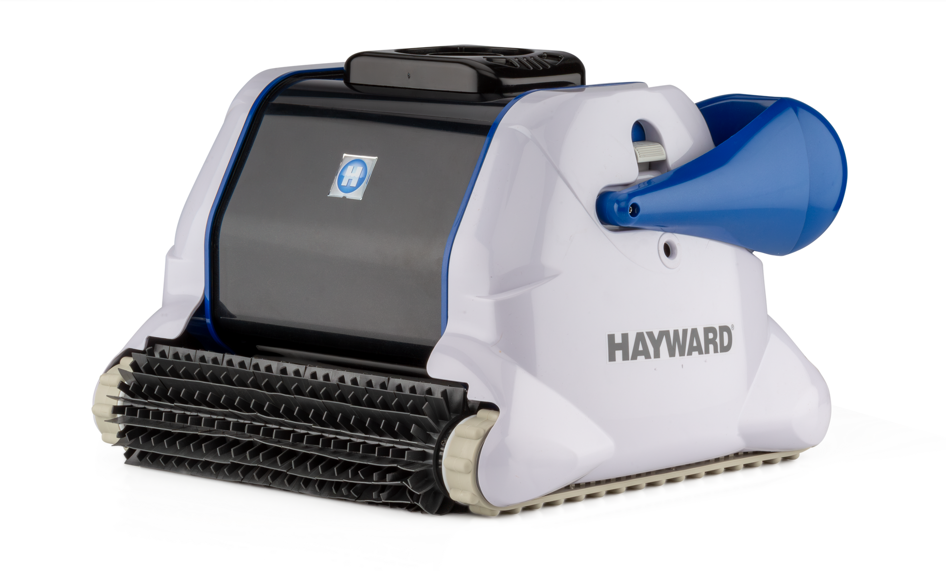 Alternate left-angle view of the Hayward TigerShark QC (W3RC9990CUB) robotic cleaner highlighting the rugged drive tracks and scrubbing brushes.