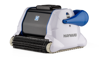 Alternate left-angle view of the Hayward TigerShark QC (W3RC9990CUB) robotic cleaner highlighting the rugged drive tracks and scrubbing brushes.