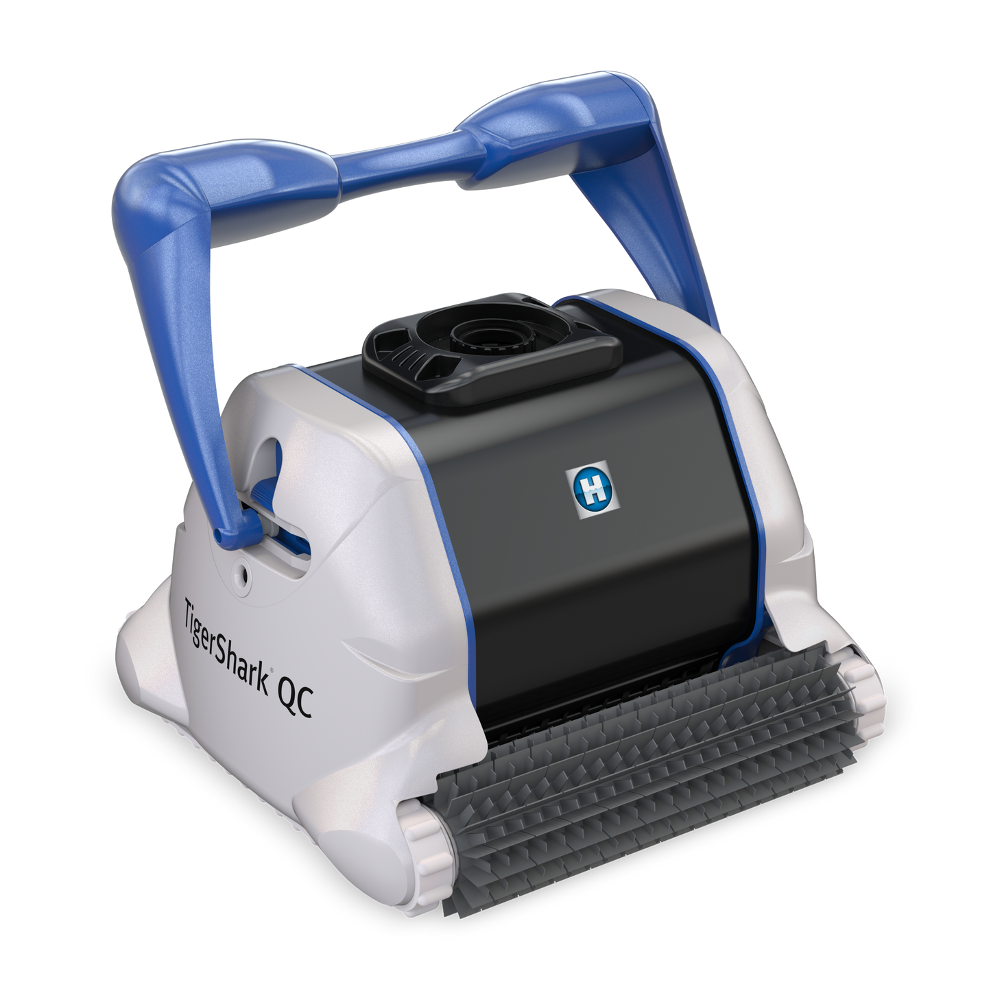 Right-side profile of the Hayward TigerShark QC (W3RC9990CUB) robotic cleaner highlighting the sturdy handle and dual-motor drive system.