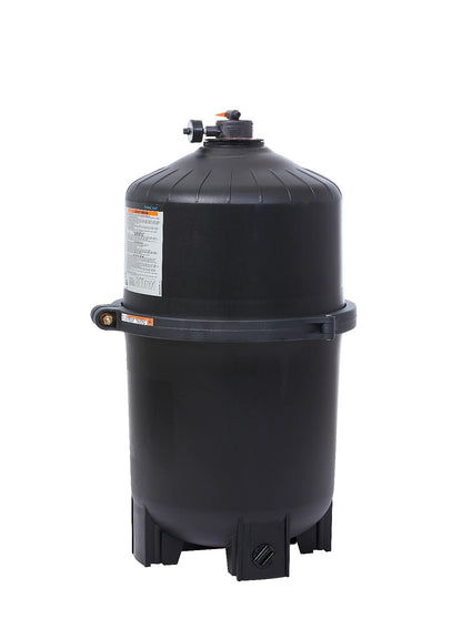 Side view of Hayward SwimClear W3C3030 filter tank showing the manual air relief valve and reinforced tank body.