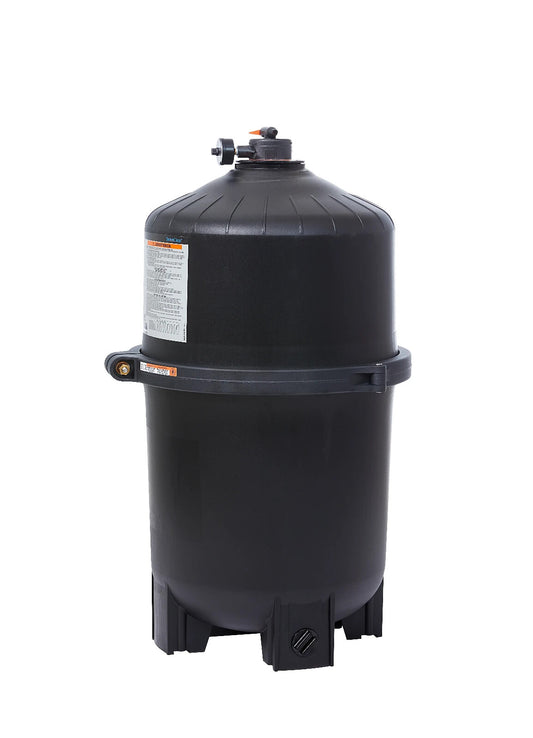 Side view of Hayward SwimClear W3C3030 filter tank showing the manual air relief valve and reinforced tank body.