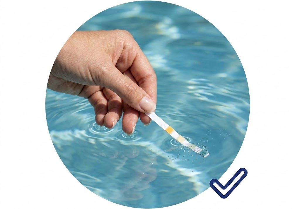 A person dipping an AquaChek Yellow test strip into pool water to check chemical levels, featuring a blue checkmark for accuracy.