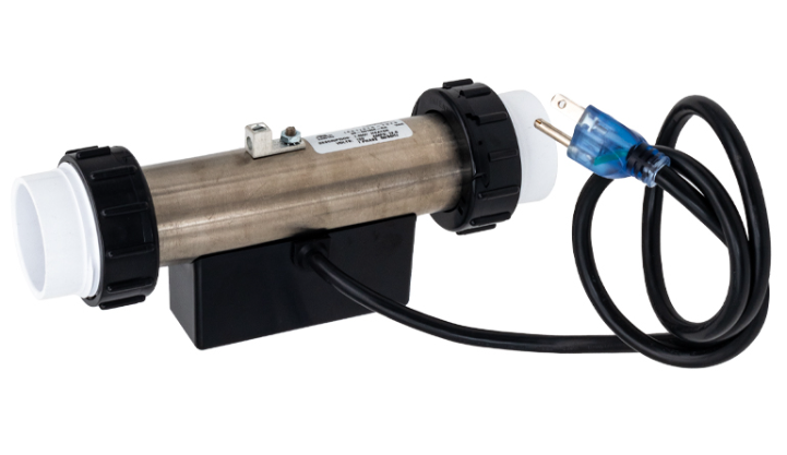 Hydro-Quip HQPH10115UV 120V bath heater showing the heavy-duty power cord with a grounded NEMA plug and the black control box mount.