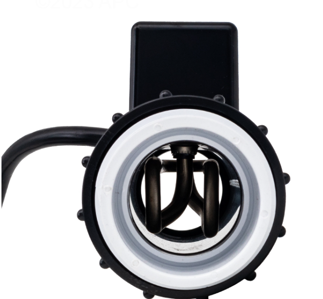 Internal view of the Hydro-Quip HQPH10115UV bath heater showing the high-performance heating element coils inside the 1.5-inch stainless steel tube.