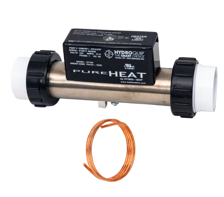 Hydro-Quip HQPH10115UV 120V 1500W In-Line Vacuum Bath Heater with 3-foot NEMA cord and stainless steel housing.