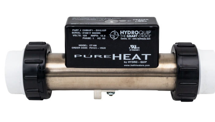 Profile view of the Hydro-Quip HQPH10115UV Pure Heat 1500W bath heater showing the stainless steel tube, black union nuts, and technical specification label.