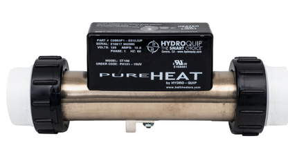 Profile view of the Hydro-Quip HQPH10115UV Pure Heat 1500W bath heater showing the stainless steel tube, black union nuts, and technical specification label.