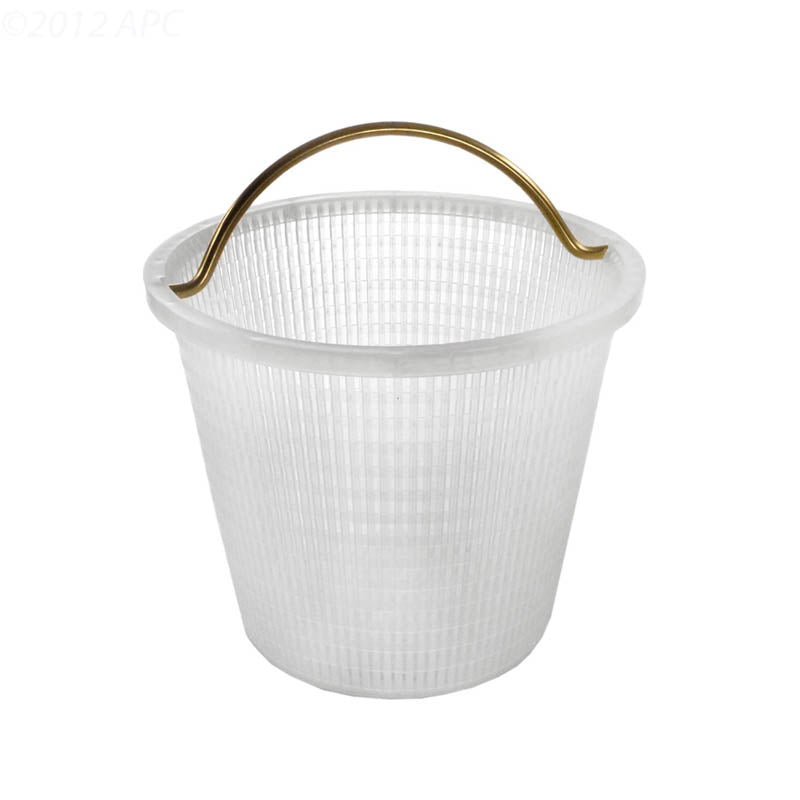 Angled front view of Genuine Jacuzzi Carvin 4052-05 DeckMate skimmer basket with brass-colored metal handle