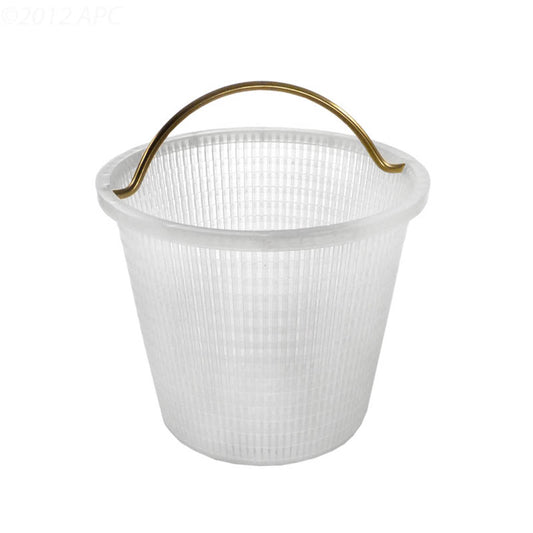 Angled front view of Genuine Jacuzzi Carvin 4052-05 DeckMate skimmer basket with brass-colored metal handle