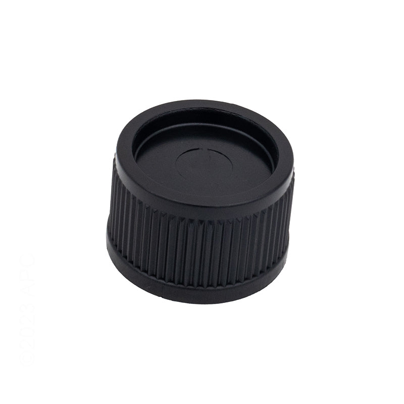Front view of black Jacuzzi Carvin 85-8263-00-R CFR filter drain cap with 13-1023-06 gasket.