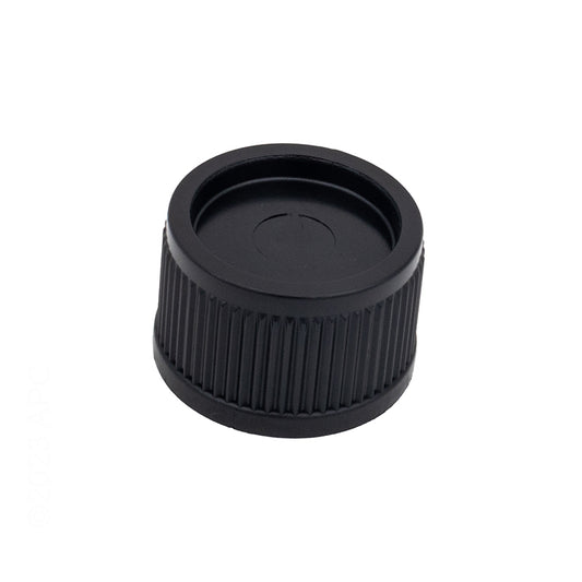 Front view of black Jacuzzi Carvin 85-8263-00-R CFR filter drain cap with 13-1023-06 gasket.