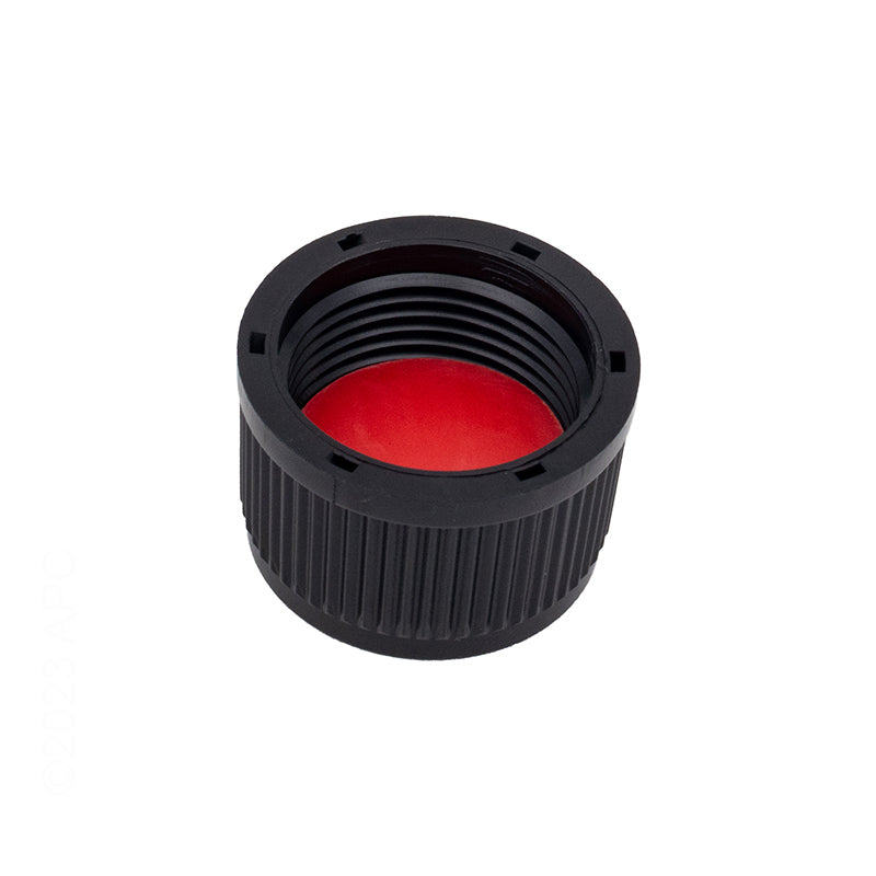 Side angle view of the black plastic Jacuzzi Carvin 85-8263-00-R pool filter drain cap showing threads and the seal.