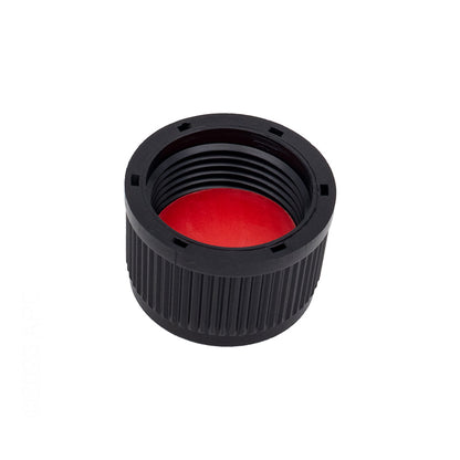 Side angle view of the black plastic Jacuzzi Carvin 85-8263-00-R pool filter drain cap showing threads and the seal.