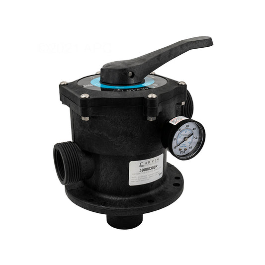 Genuine Jacuzzi DV7 39-0003-02-R 1-1/2 inch top-mount multiport valve with pressure gauge, complete view.