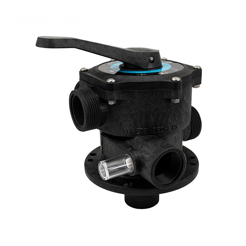 Side view of the Jacuzzi DV7 multiport valve highlighting the 1-1/2 inch plumbing ports.