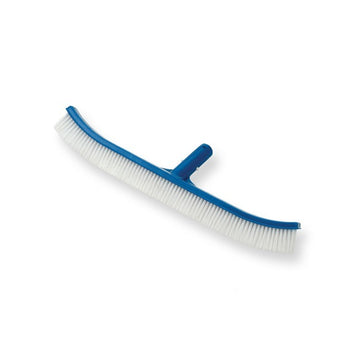 Front view of the blue JED Pool Tools 18-inch curved wall brush with white bristles.