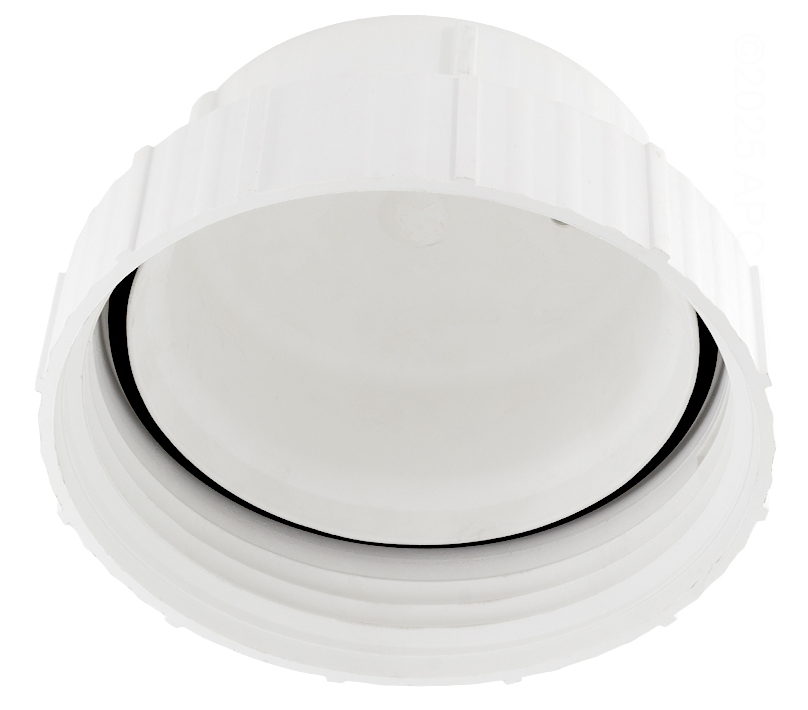 Underside view of the King Technology 01229417 chlorinator cap showing the internal threads and the black sealing O-ring.