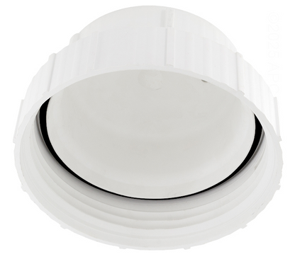 Underside view of the King Technology 01229417 chlorinator cap showing the internal threads and the black sealing O-ring.