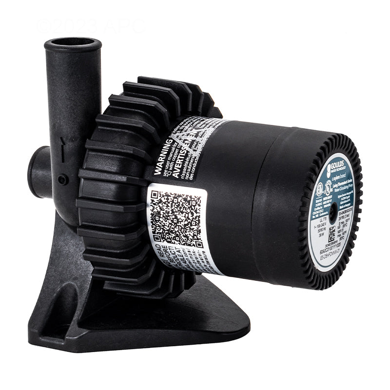 Laing 74427 E5 SilentFlo 5000 Spa Circ Pump - Side View Showing 3/4 Inch Barbed Discharge and Suction Ports