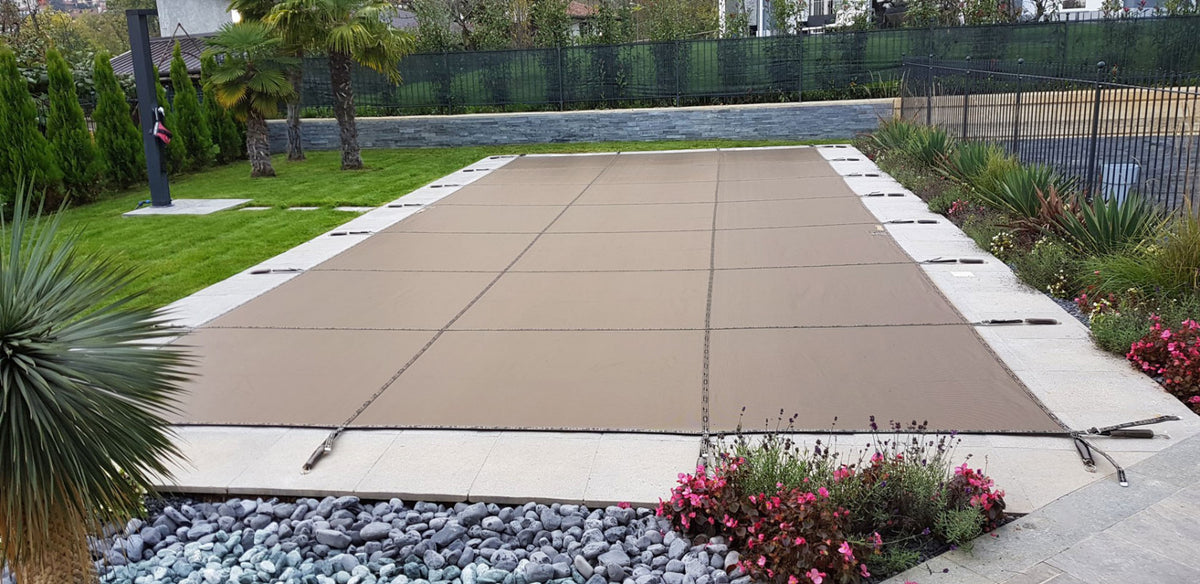 Loop-Loc Tan Mesh Safety Pool Cover - Installed on Inground Pool