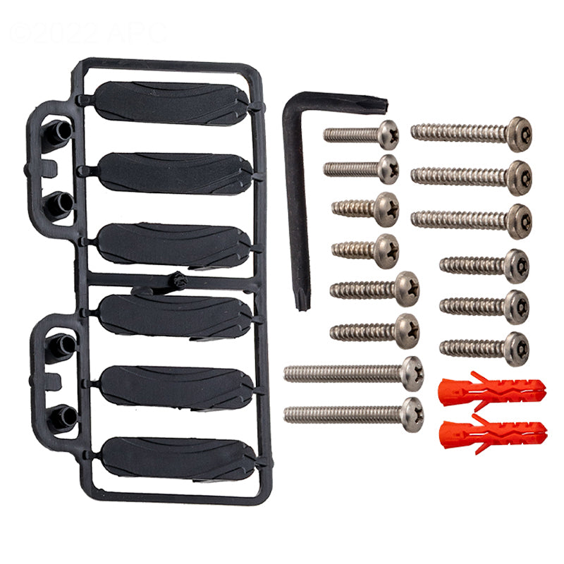 Hardware kit for Paramount SDX2 Drain Retrofit including mounting screws, anchors, and security tool for concrete pools.