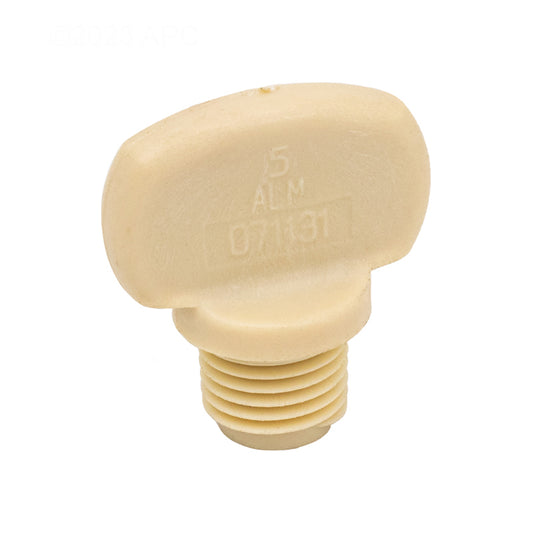 Side view of genuine Pentair 071131Z almond 3/8-inch pool pump drain plug knob close-up