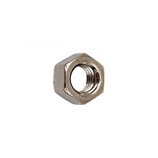 Side view of genuine Pentair 071403Z brass nickel-plated 3/8-16 hex nut for pool pump assemblies