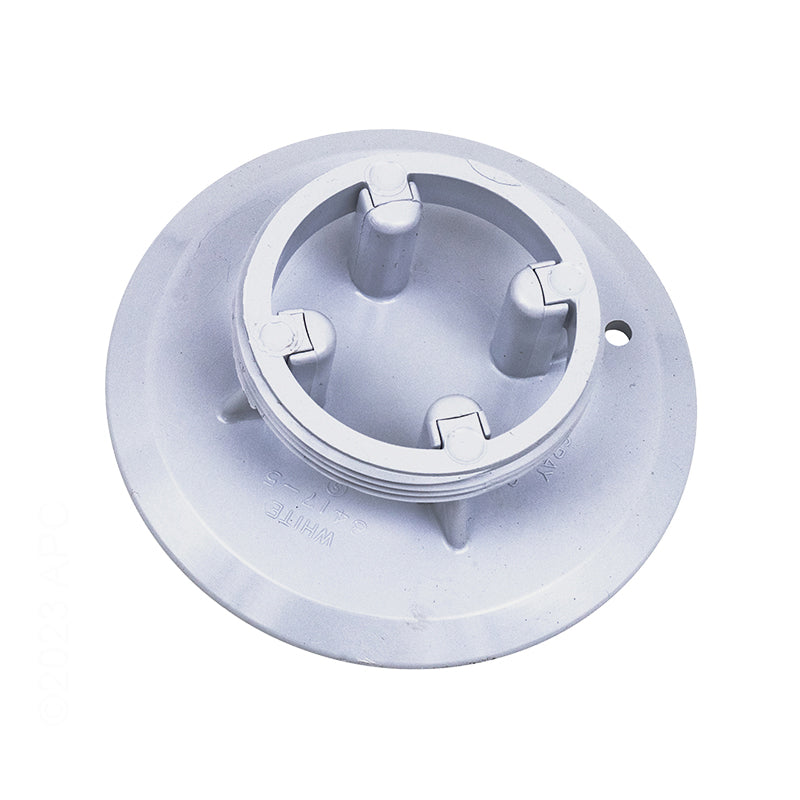 Bottom view of genuine Pentair 08417-0005 SwimQuip white floor inlet replacement cover plate showing threaded connection and internal ribs