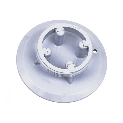 Bottom view of genuine Pentair 08417-0005 SwimQuip white floor inlet replacement cover plate showing threaded connection and internal ribs