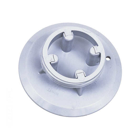 Bottom view of genuine Pentair 08417-0005 SwimQuip white floor inlet replacement cover plate showing threaded connection and internal ribs