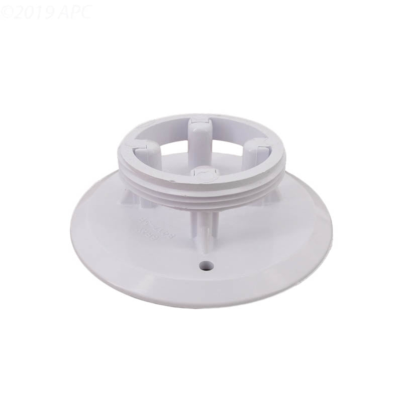 Side angled view of genuine Pentair 08417-0005 SwimQuip white floor inlet replacement cover plate resting upside down to show threaded base