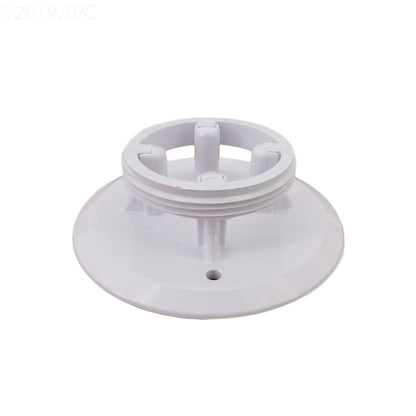 Side angled view of genuine Pentair 08417-0005 SwimQuip white floor inlet replacement cover plate resting upside down to show threaded base