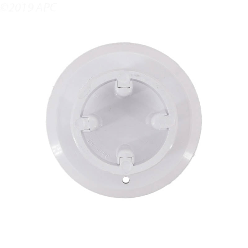 Top-down view of genuine Pentair 08417-0005 SwimQuip white floor inlet replacement cover plate resting upside down to show internal ribs and center hole