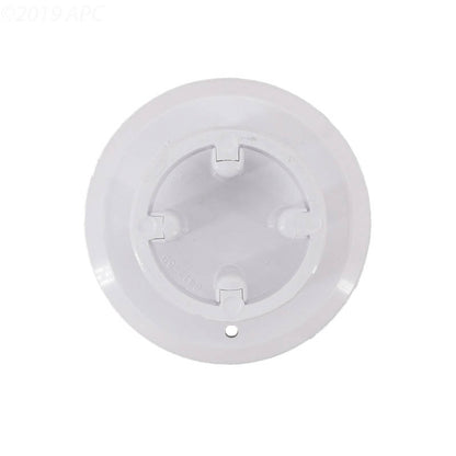 Top-down view of genuine Pentair 08417-0005 SwimQuip white floor inlet replacement cover plate resting upside down to show internal ribs and center hole