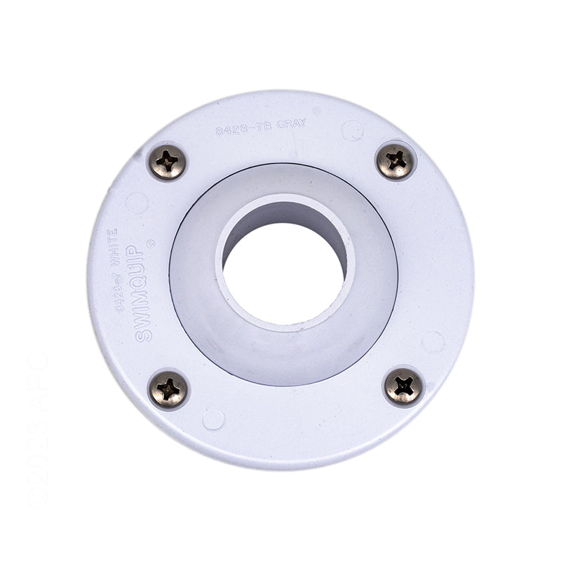 True top view of genuine Pentair 08428-0125 white 1-1/4 inch gunite eyeball inlet kit faceplate showing four stainless steel screws