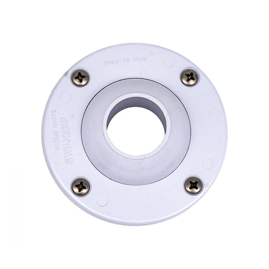 True top view of genuine Pentair 08428-0125 white 1-1/4 inch gunite eyeball inlet kit faceplate showing four stainless steel screws