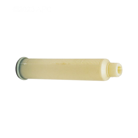Side view of Genuine Pentair 152290 6-11/16 in beige plastic filter lateral for TR TA filters, showing the slotted barrel for filtration, a grey end cap, and a white male threaded connection.