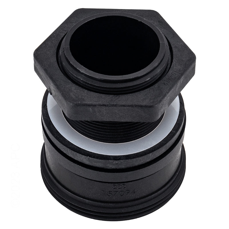 Genuine Pentair 154714 2 in external bulkhead fitting for Triton II filters, showing the pre-assembled hex nut and white spacer.