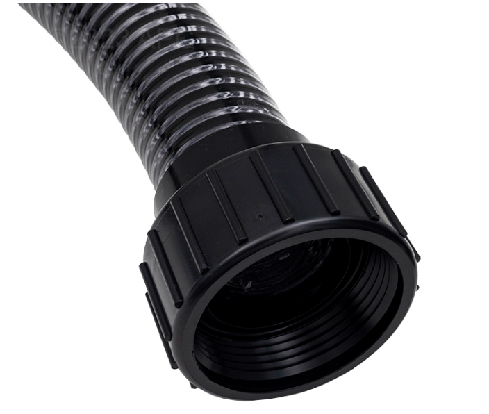 Close-up of the heavy-duty ribbed plastic connection nut on the Pentair 155711Z pump-to-filter hose, showing the internal threading and corrugated hose texture.