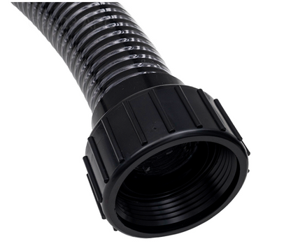 Close-up of the heavy-duty ribbed plastic connection nut on the Pentair 155711Z pump-to-filter hose, showing the internal threading and corrugated hose texture.
