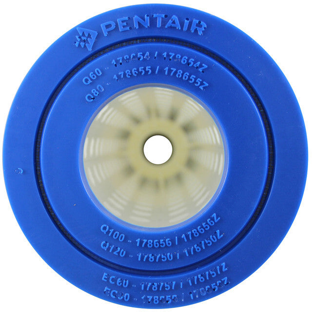 Close-up of the Pentair 178656Z cartridge top end cap showing molded part numbers for Quad DE 100 and EasyClean EC90 verification.