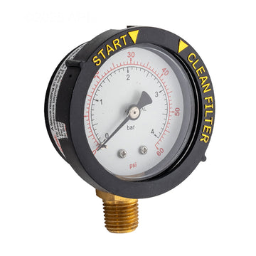 Front view of Genuine Pentair 190058Z 0-60 PSI top-mount pressure gauge featuring 2-inch face and filter indicator.