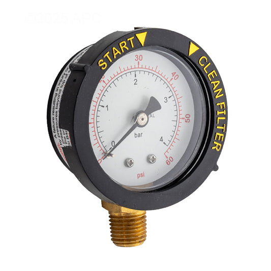 Front view of Genuine Pentair 190058Z 0-60 PSI top-mount pressure gauge featuring 2-inch face and filter indicator.