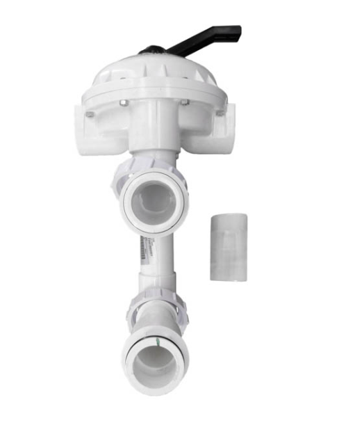 Rear view of Pentair 261050 valve showing bulkhead fittings for direct connection to Triton Sand or Quad DE filters