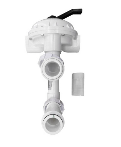 Rear view of Pentair 261050 valve showing bulkhead fittings for direct connection to Triton Sand or Quad DE filters