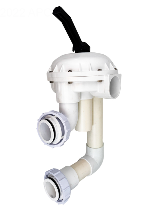 Side profile of Pentair 261142 HiFlow Valve showing the 7.5-inch centerline bulkhead fittings and plumbing elbow.