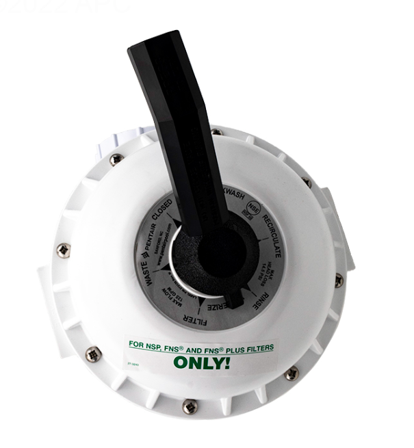 Top view of Pentair 261142 Multiport Valve handle and label showing compatibility with FNS and FNS Plus filters.