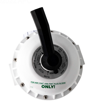 Top view of Pentair 261142 Multiport Valve handle and label showing compatibility with FNS and FNS Plus filters.